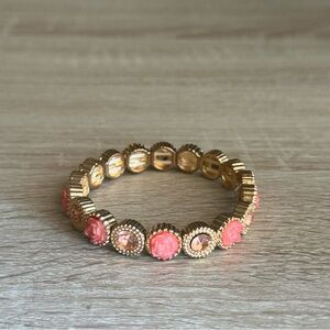 Vintage Stretch Bracelet Gold Tone with Pink Rose Cabochon Rhinestones Floral